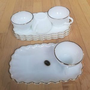 4x Anchor Hocking Snack Sets | Vintage Mid-Century Milk Glass w 22k Gold Trim